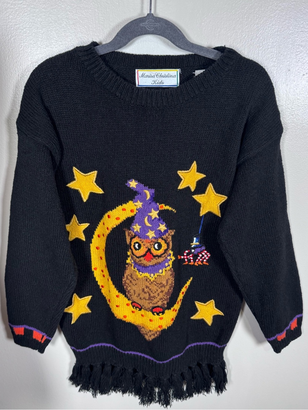 Vintage Marisa Christina Kids Starry Owl Halloween Moon Fringe Sweater Sz Small